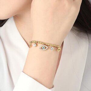 Gold Embellished Rhinestone Evil Eye & Turquoise Bead Charm Bracelet OS New 🧿